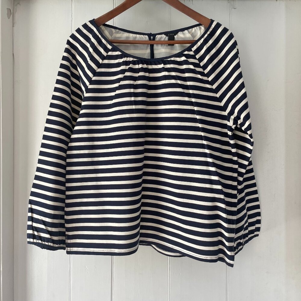J Crew 100% Cotton Poplin Blouse Womens Medium Striped Nautical Boat Neck EUC